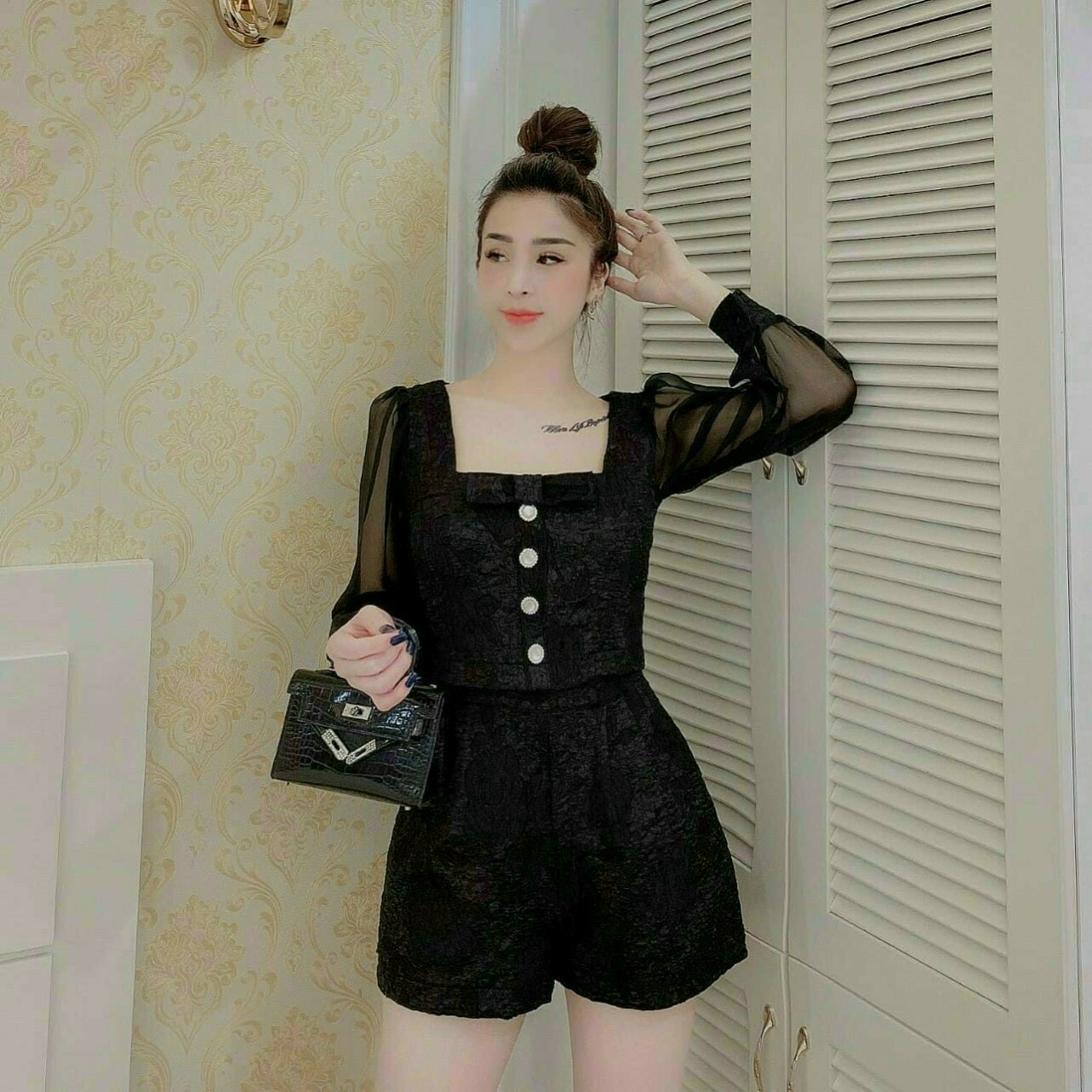 Set bộ nữ tay voan cổ vuông quần đùi chất gấm cao cấp #setbogam