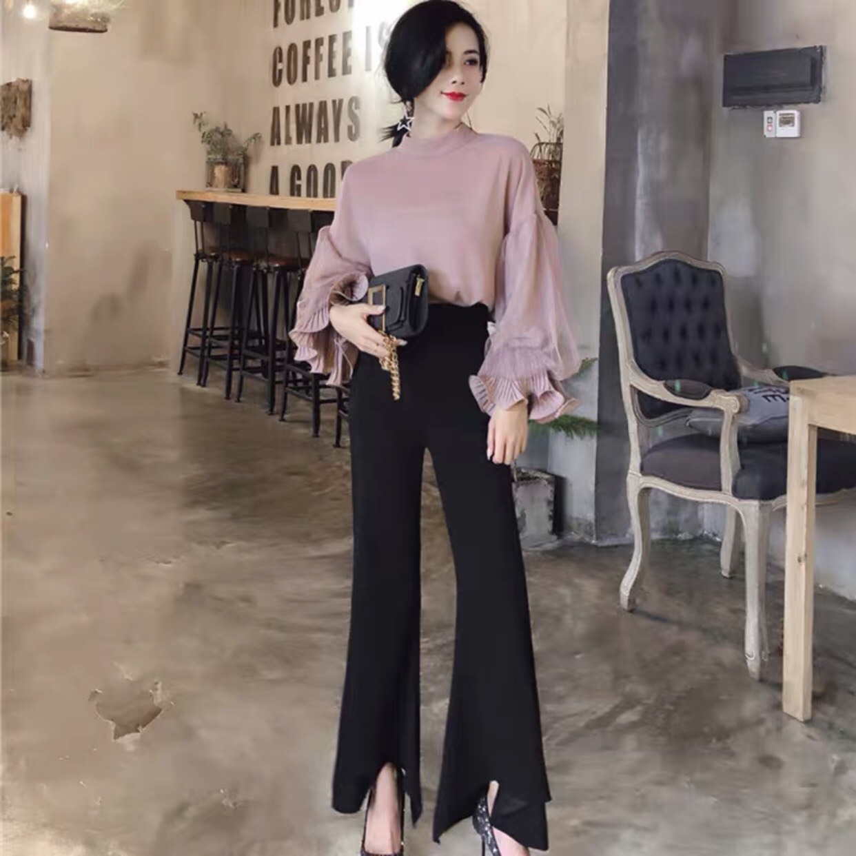 Áo voan lụa phối ren tay bồng