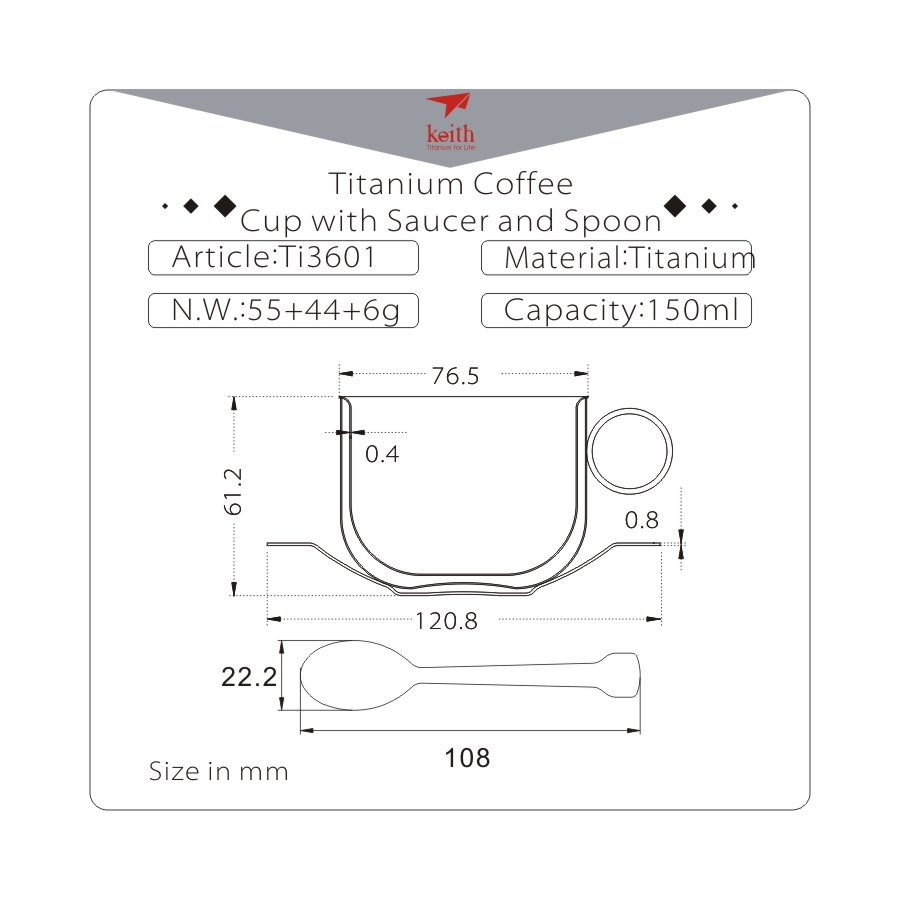 [HCM]Bộ tách uống cà phê Titanium Keith Ti3601 (Ly cách nhiệt 2 lớp)