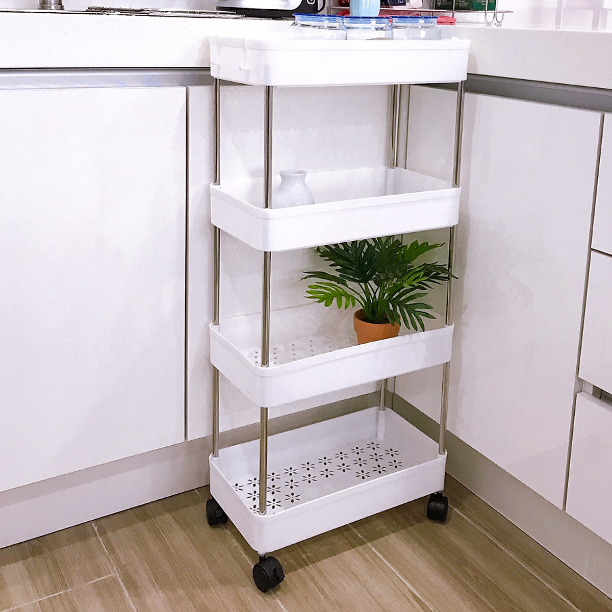 Kệ nhựa đựng đồ đa năng 4 tầng có bánh xe đẩy