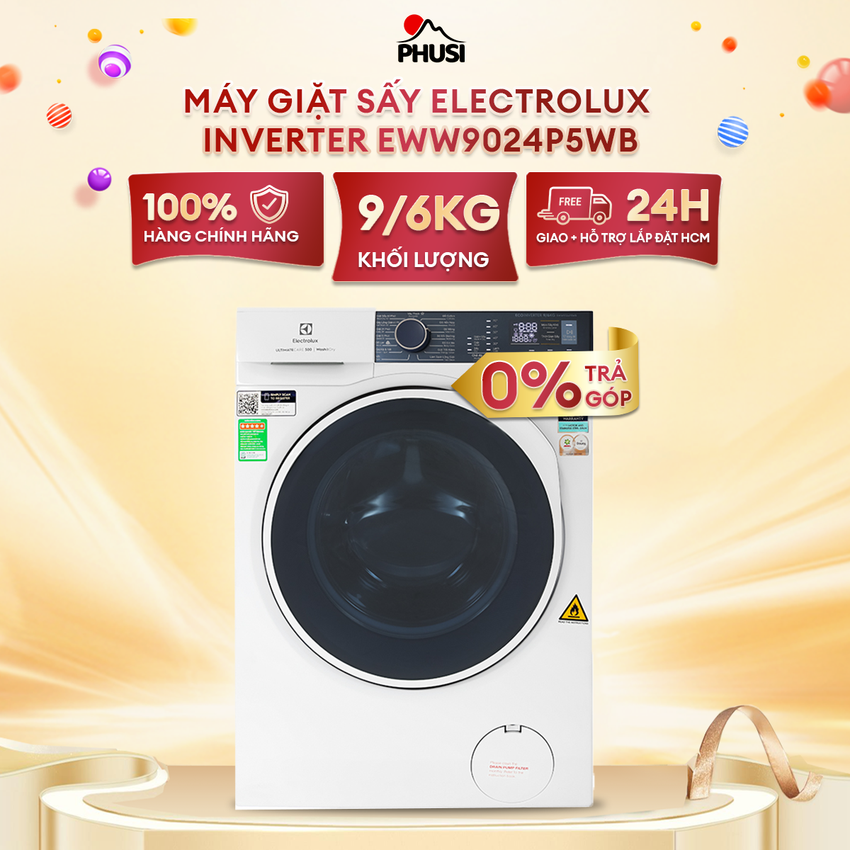 Máy giặt sấy electrolux inverter 9 kg eww9024p5wb mới 2021 -