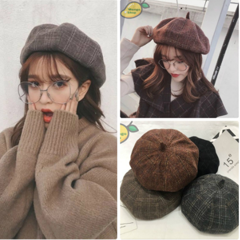 Mũ nồi beret caro có dây rút