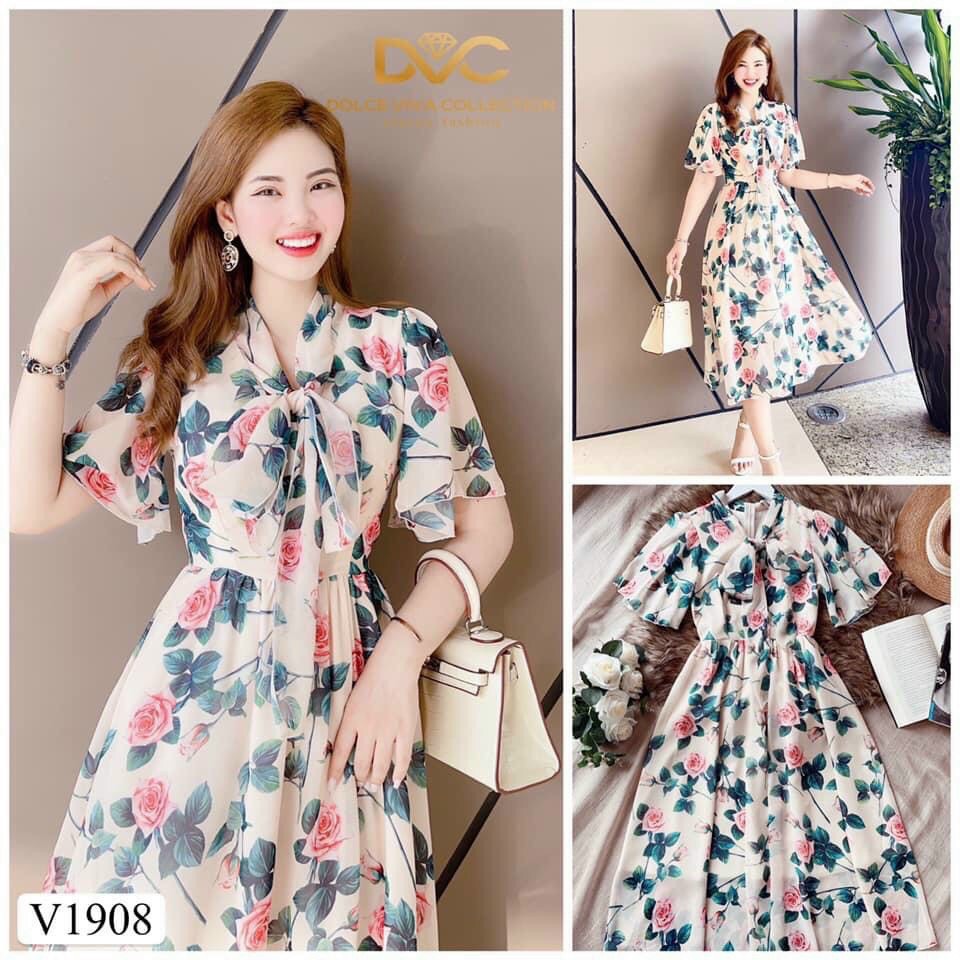 Đầm lụa hoa nữ dáng dài cột nơ siêu xinh