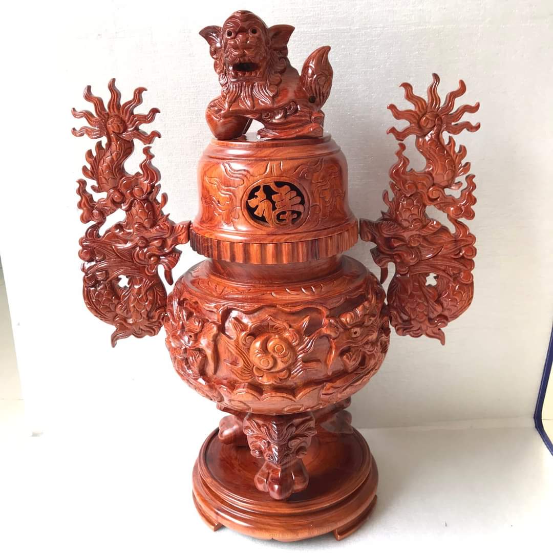 Đỉnh lư hương thờ bằng gỗ Hương cao 50cm