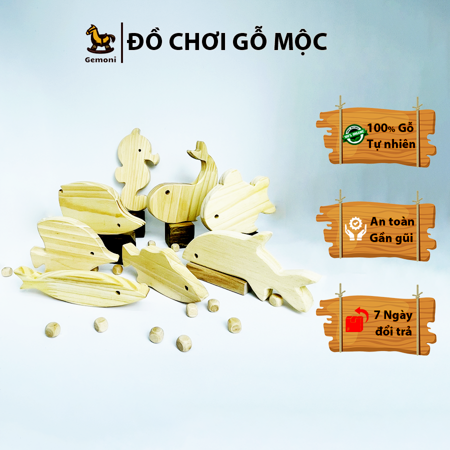 Combo sinh vật biển gỗ mộc cho bé tô màu - đồ chơi gỗ gemoni.