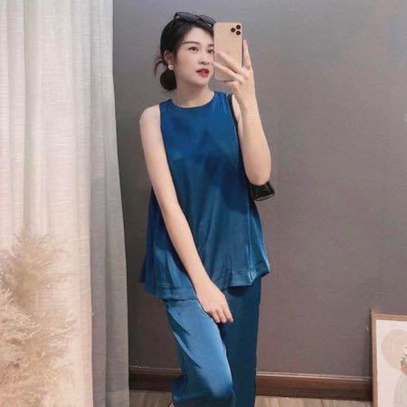 Set Đồ Bộ Lụa Sát Nách Quần Dài Khoét Lưng