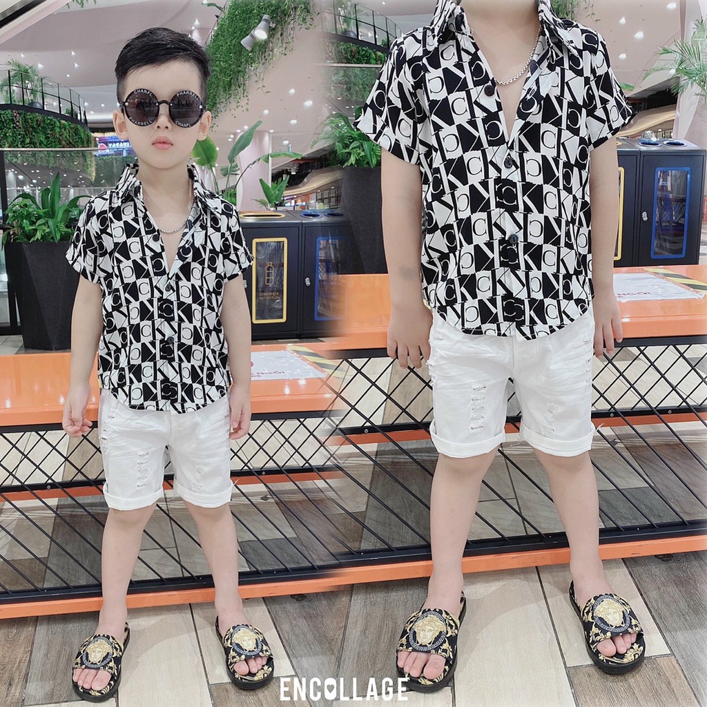 Áo sơ mi lụa tơ tằm cộc tay cho bé trai mặc hè mát mẻ