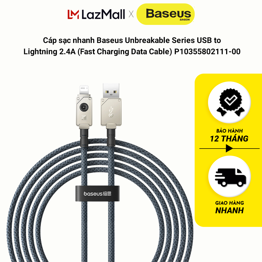 Cáp sạc nhanh Baseus Unbreakable Series USB to Lightning 2.4A (Fast Charging Data Cable) P10355802111-00