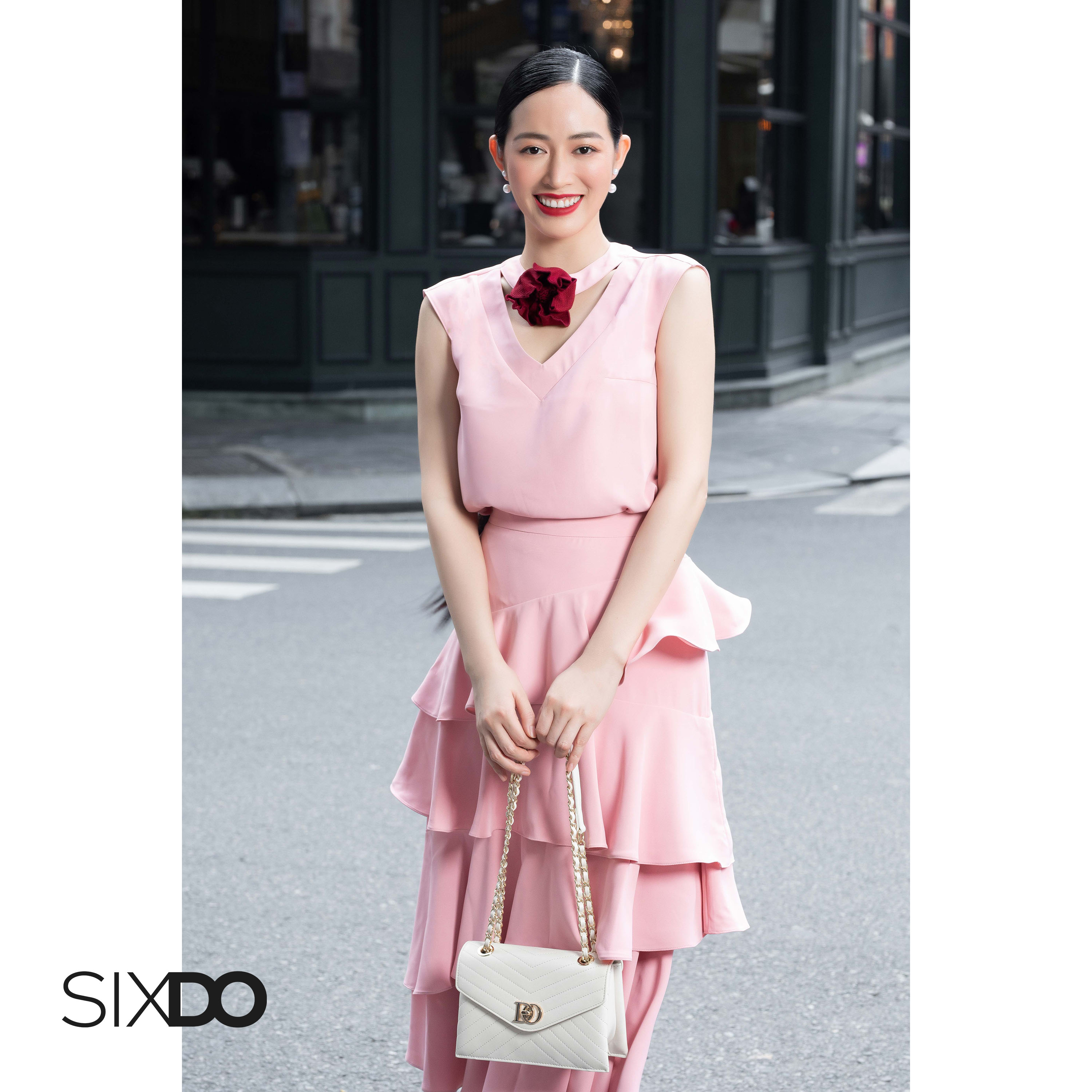 Chân váy lụa xếp tầng SIXDO (Peach Pink Ruffle Midi Silk Skirt)
