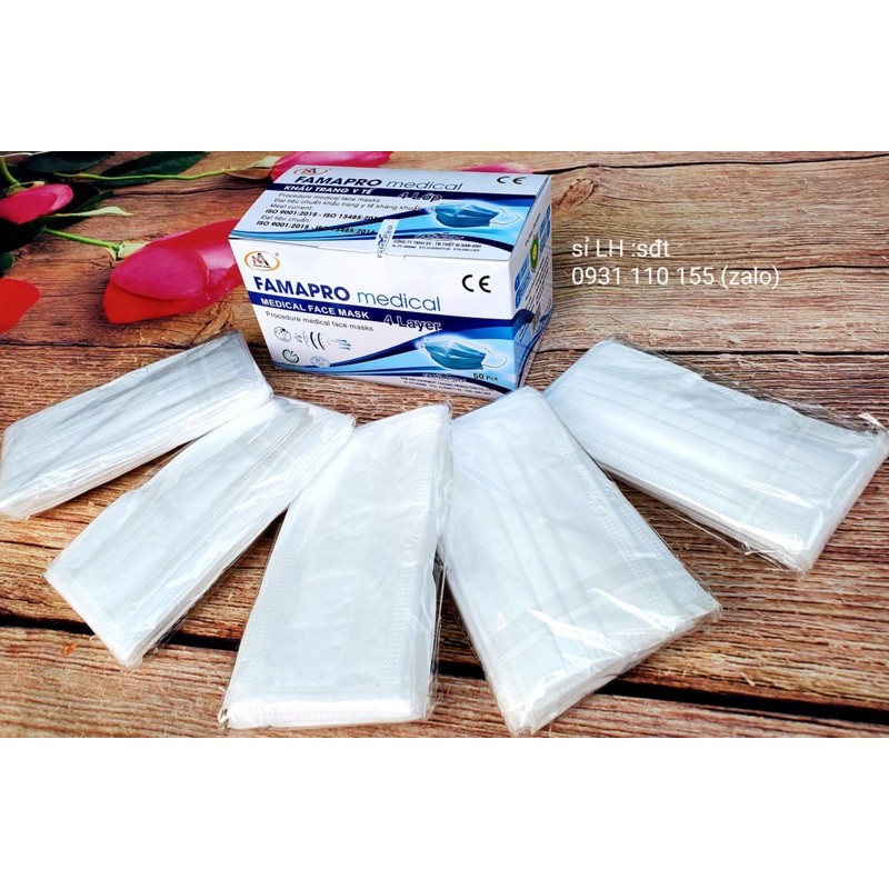 (Hộp 50 cái) khẩu trang y tế 4 lớp giấy kháng khuẩn 4U Famapro màu trắng