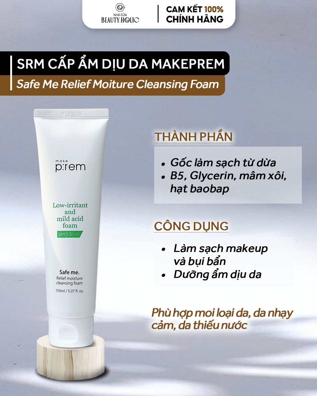 [Nhacuabeautyholic] Sữa rửa mặt MAKEPREM SAFE ME RELIEF MOISTURE CLEANSING FOAM