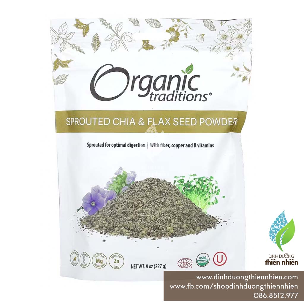 [HCM]Bột Hạt Chia & Hạt Lanh Hữu Cơ Đã Nảy Mầm Organic Traditions Sprouted Flax seeds & Chia Powder, 227g & 454g