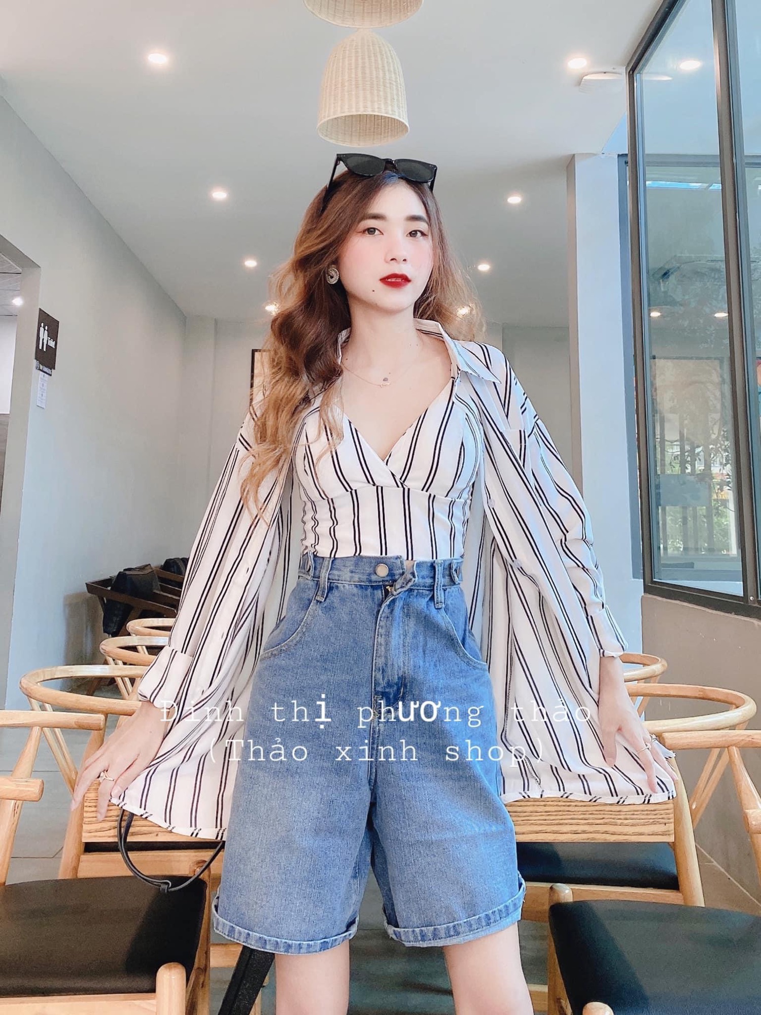 Set Quần Ngố Đai Nút + Set 2 Món Sơ Mi Sọc ( co mút ngực)