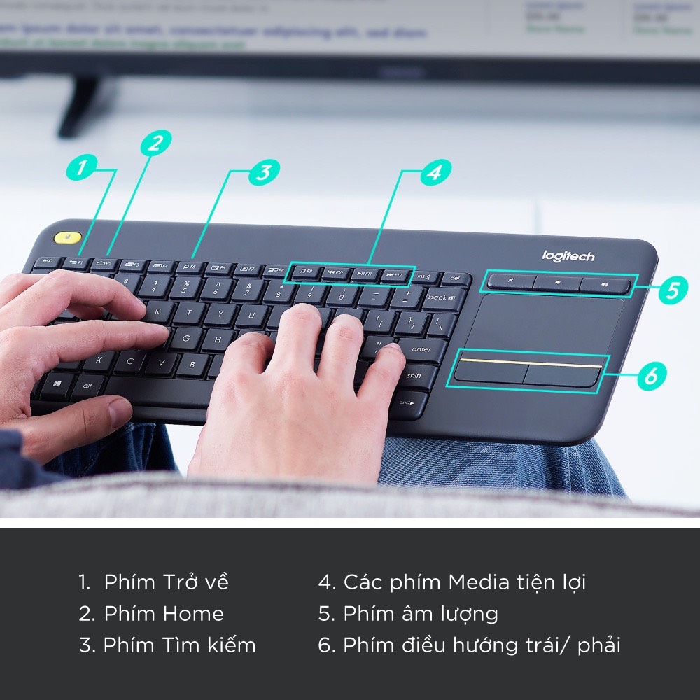 Bàn Phím không dây Logitech tích hợp Touchpad K400 Plus
