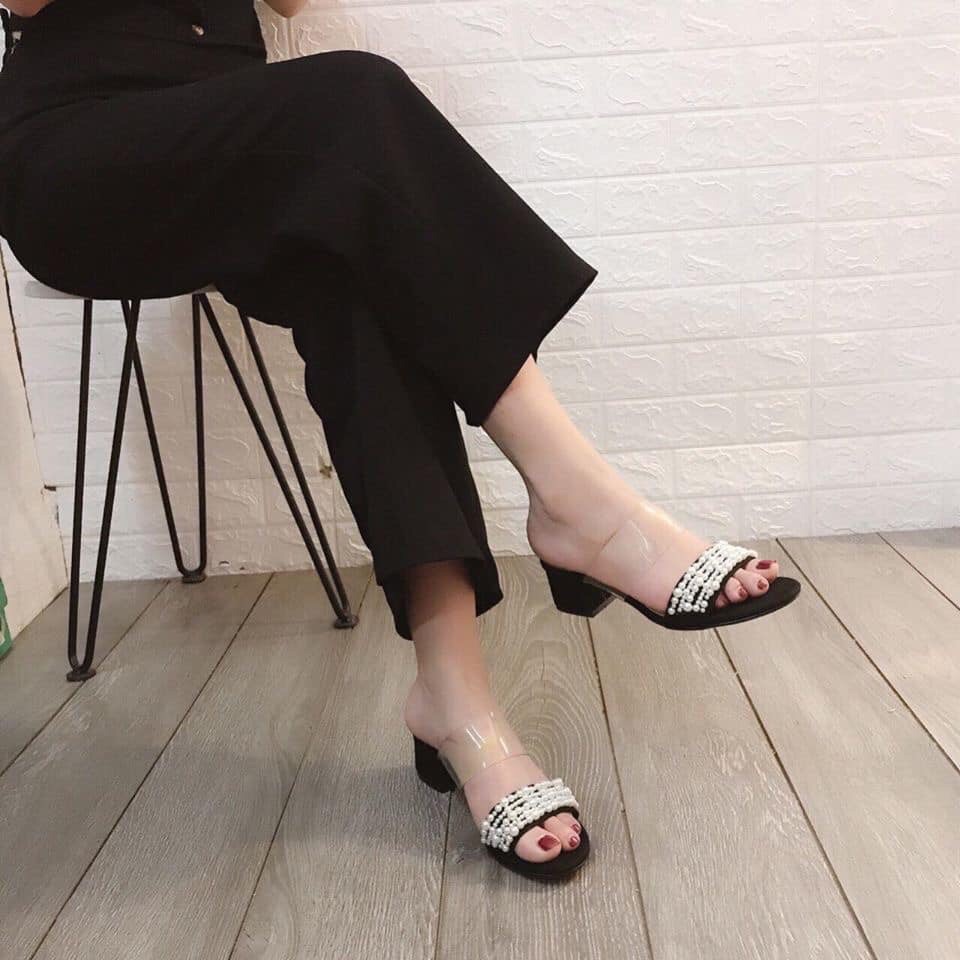 Dép nữ 2 quai đính ngọc đế cao