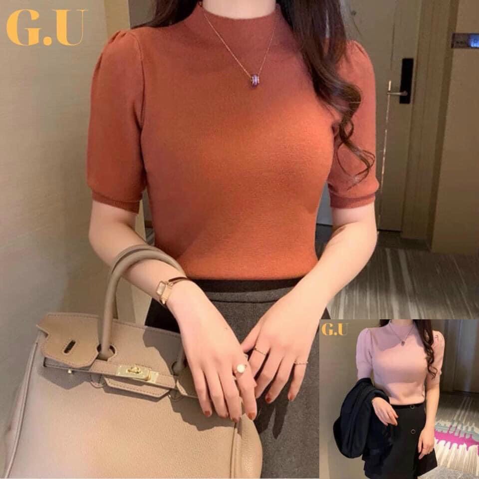 Áo thun tay ngắn nữ , chất liệu thun gân , thiết kế phông trơn đơn giản cổ vuông tay phồng  , dễ phối đồ