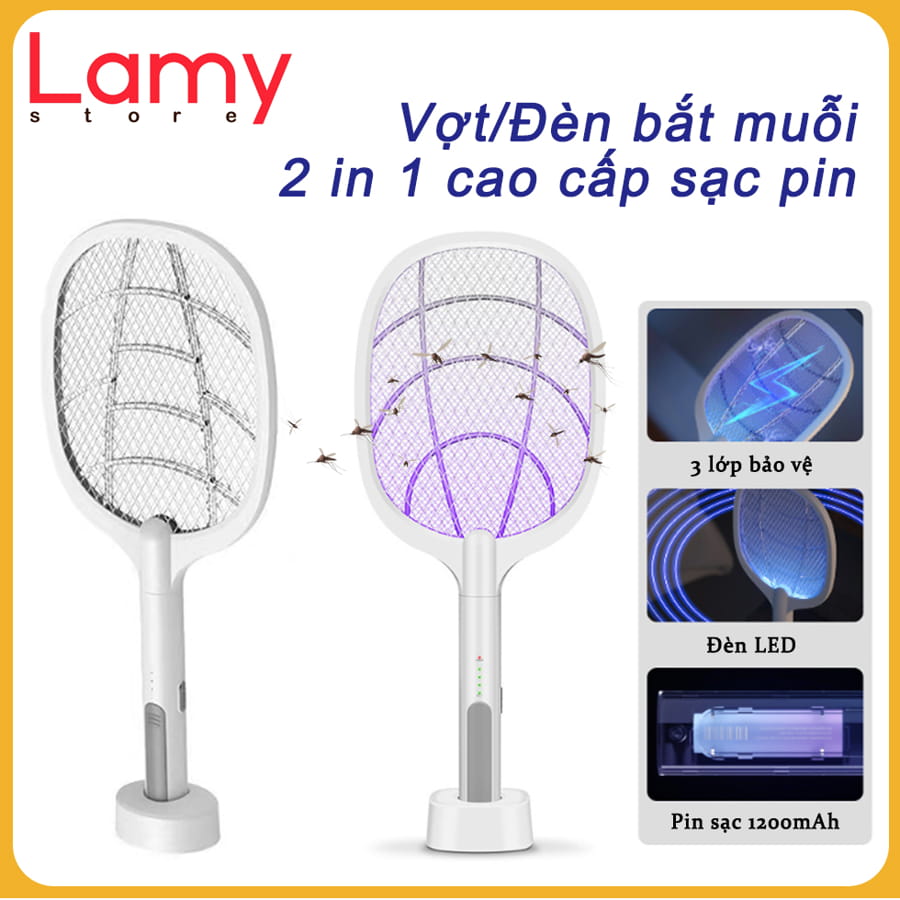 Vợt muỗi kiêm đèn bắt muỗi tự động 2in1 tích điện 1200mAh sạc đế thông minh tiện lợi