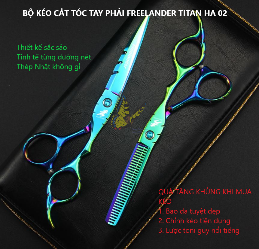 Bộ kéo cắt tóc TAY PHẢI Freelander titan HA 02 (mua cặp kéo được tặng bao da, lược toni, chỉnh kéo)