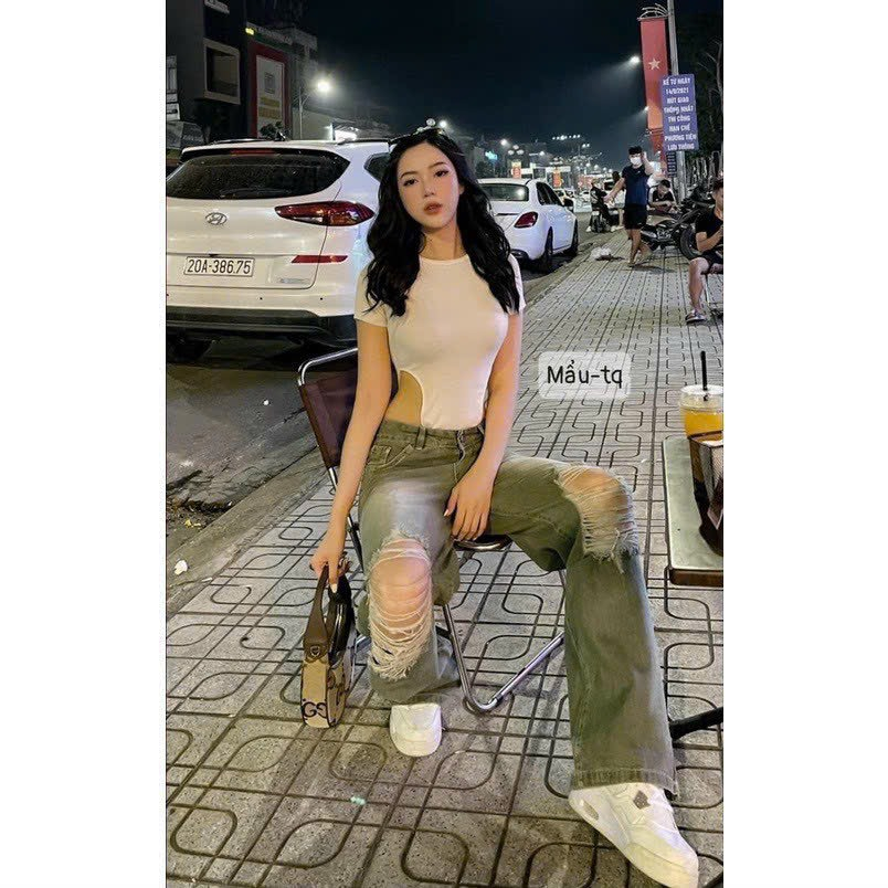 Áo Bodysuit khoét eo tay ngắn chất borip