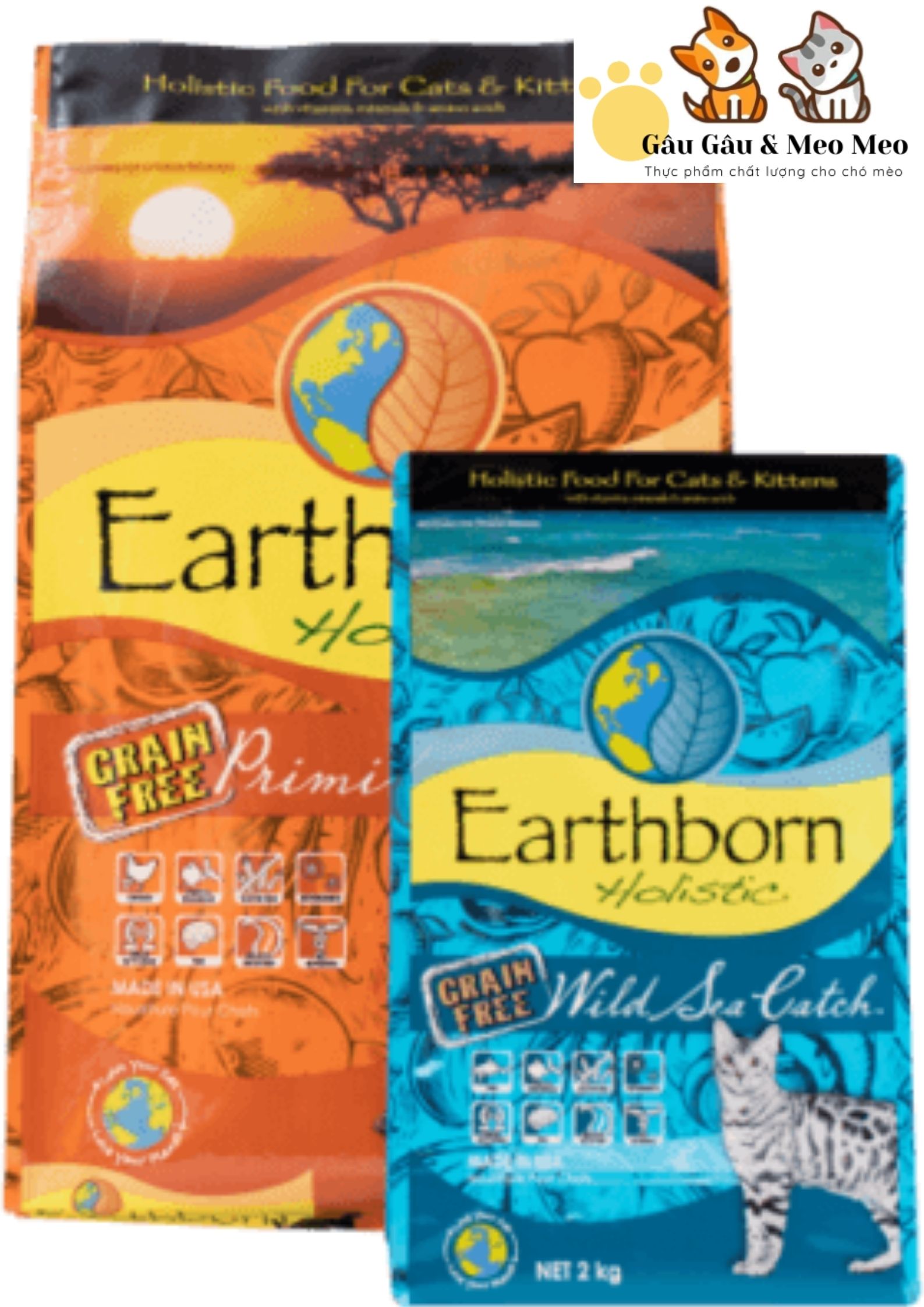 [Bao 2kg nguyên seal] Thức ăn mèo EARTHBORN từ Mỹ (Grain free)
