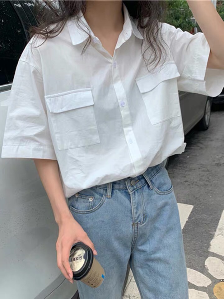 Áo Sơ Mi Trắng 2 Túi Hộp Unisex Basic - Áo Sơ Mi Trắng Nam Nữ Basic có size