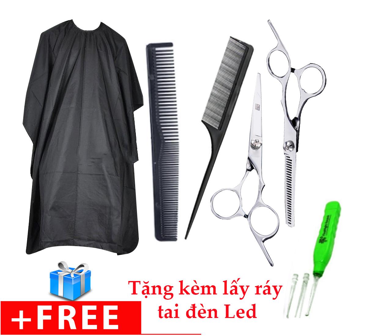 Kéo cắt tóc và tỉa tóc tặng 2 cây lược áo choàng cắt tóc và ráy tai có đèn Led