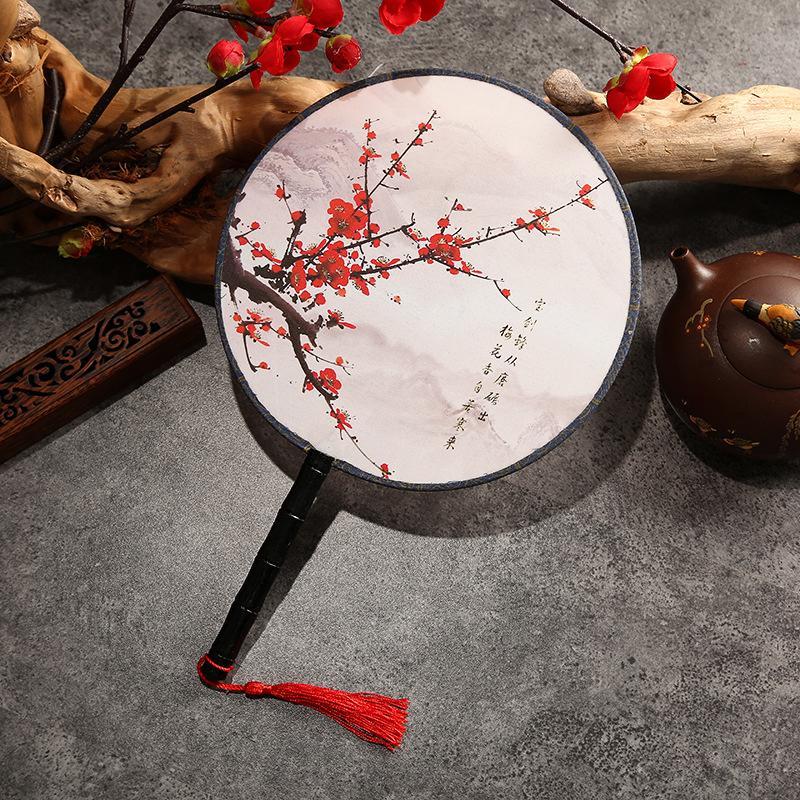 Quạt tròn cổ trang loại nhỏ, Quạt tròn cổ trang dây tuyến vải lụa in họa tiết phong cách Trung Hoa