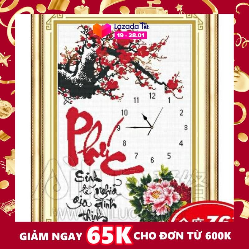 [HCM]Tranh thêu Đồng hồ chữ thập Phúc - Đào đỏ mẫu đơn 56699 chưa thêu