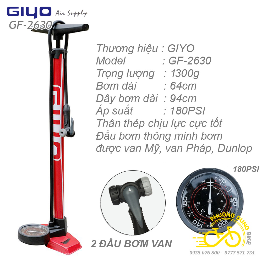 Bơm sàn cao cấp xe đạp giyo gf-2630 - 2 đầu bơm van
