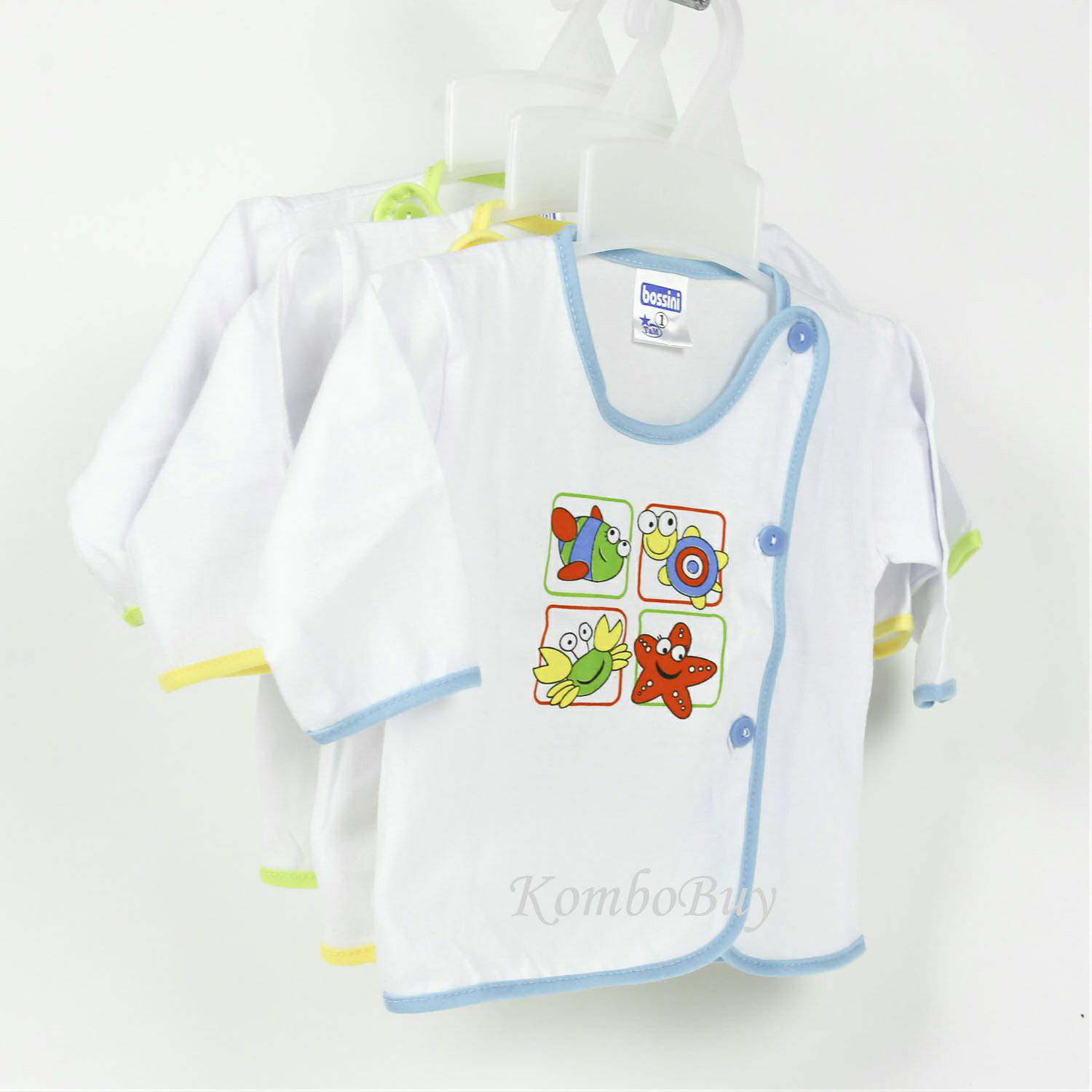 Bộ 5 áo sơ sinh dài tay Bosini màu trắng cúc lệch cho bé từ 0-12 tháng