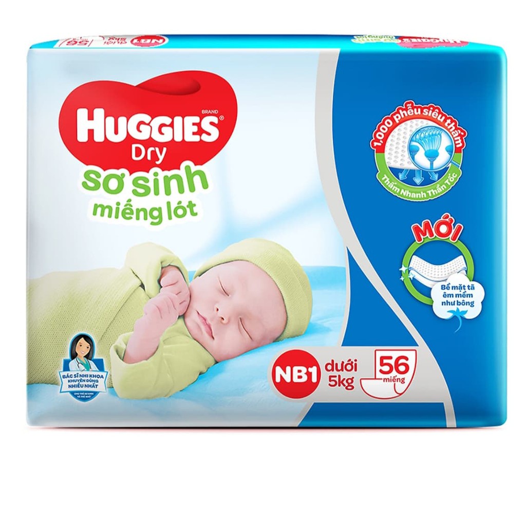 Miếng lót sơ sinh Huggies Newborn 1 (56 tặng 10 miếng)/Newborn 2 (60 miếng)