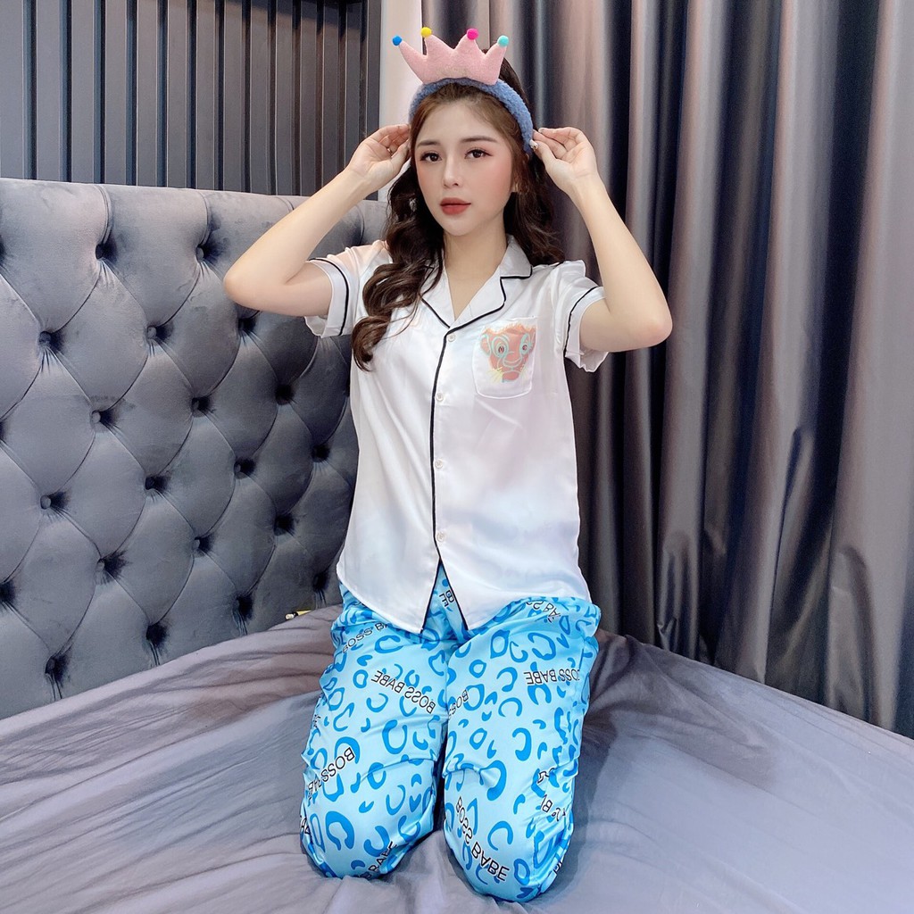 Bộ Đồ Nữ Mặc Nhà Áo Cộc Quần Dài Chất Lụa Satin Mát Nhẹ Mềm Mại