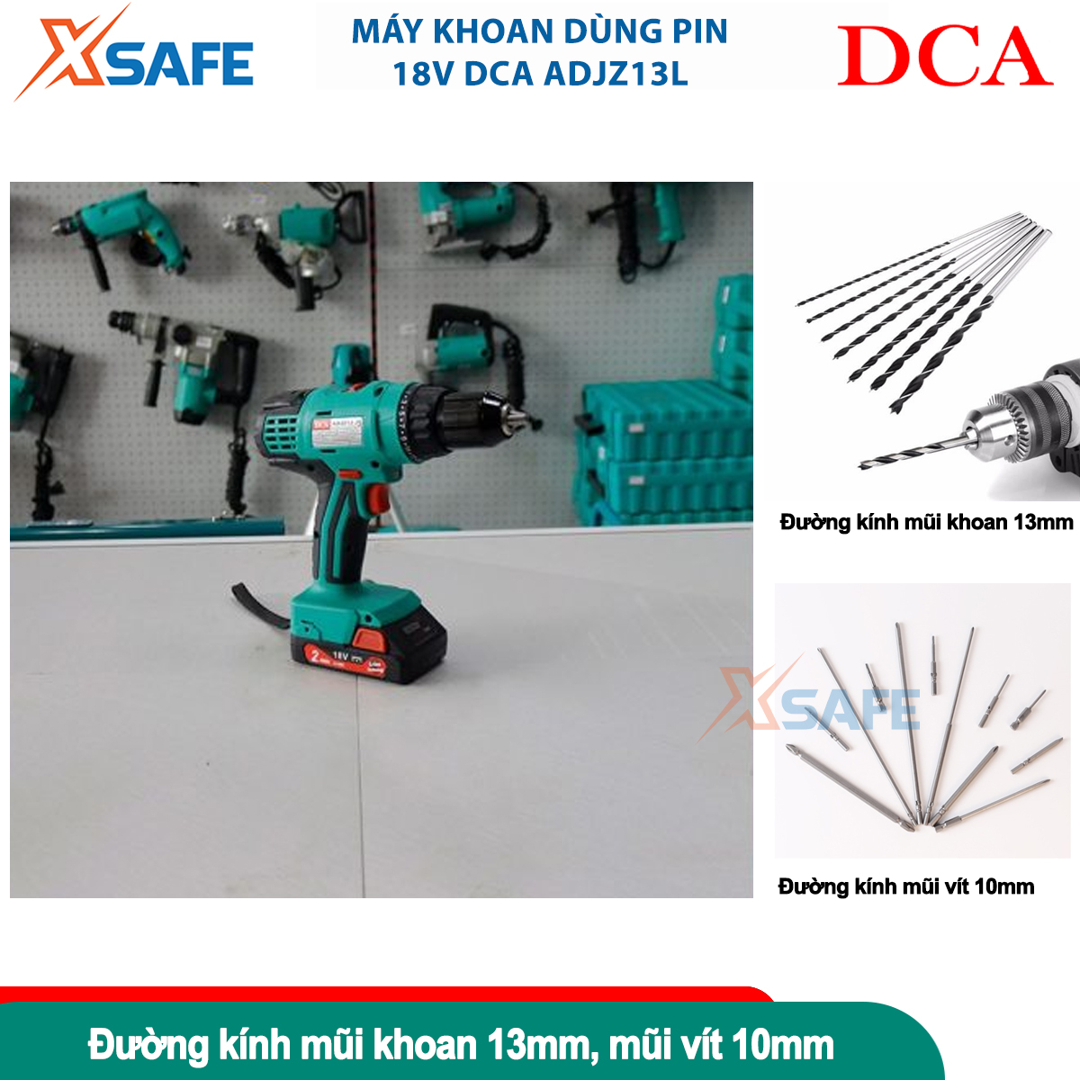 Máy khoan động lực dùng pin 18V DCA ADJZ13 máy khoan 3 chức năng khoan gạch 14mm, khoan gỗ 38mm, khoan sắt 13mm, lực xoắn tối đa 70N/m, tốc độ không tải 0-400 v/p, máy khoan dùng pin 18V/2.0Ah x 2