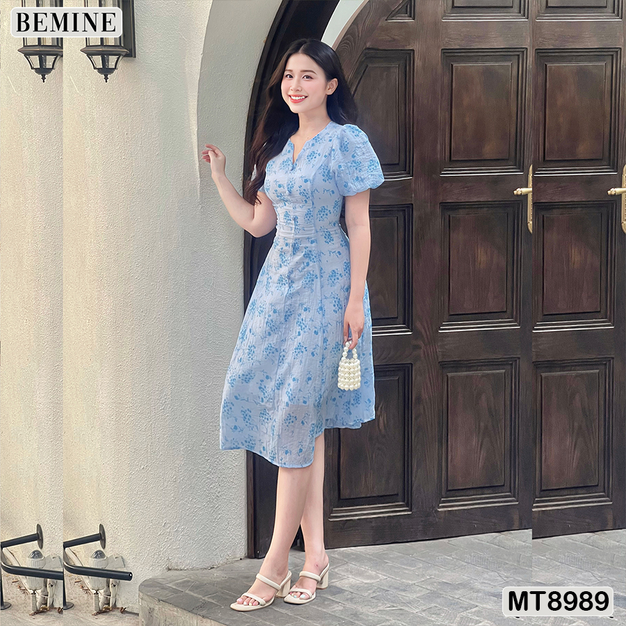 Đầm thiết kế cổ tròn tay phồng chít eo BEMINE MT8989