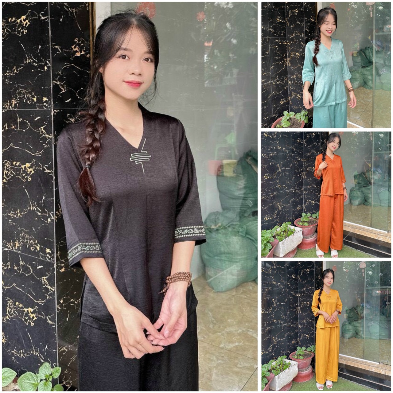 Đồ Lam Đi Chùa # Bộ Lua Cổ Tim Trơn # Quần Áo Nữ
