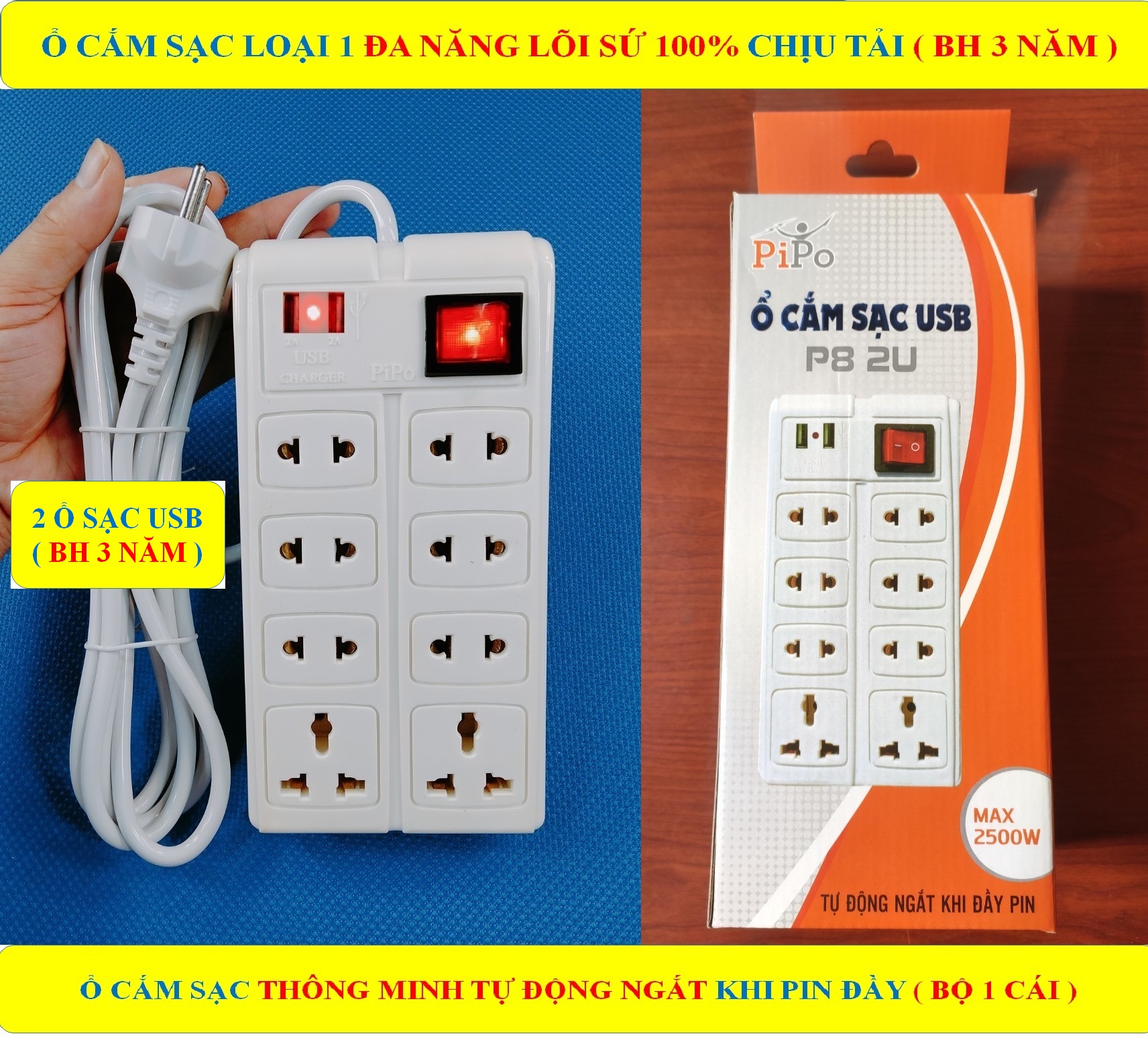 Ổ cắm điện ĐA NĂNG THÔNG MINH CHỊU TẢI CAO + 2 Ổ SẠC USB CAO CẤP + (BH 3 NĂM) + TỰ ĐỘNG NGẮT KHI ĐẦY PIN + Dây ĐỒNG 3 mét + Ổ cắm LÕI SỨ chịu tải, chịu nhiệt cao cấp + 1 Công tắc + Đèn LED báo (bộ 1 sản phẩm)