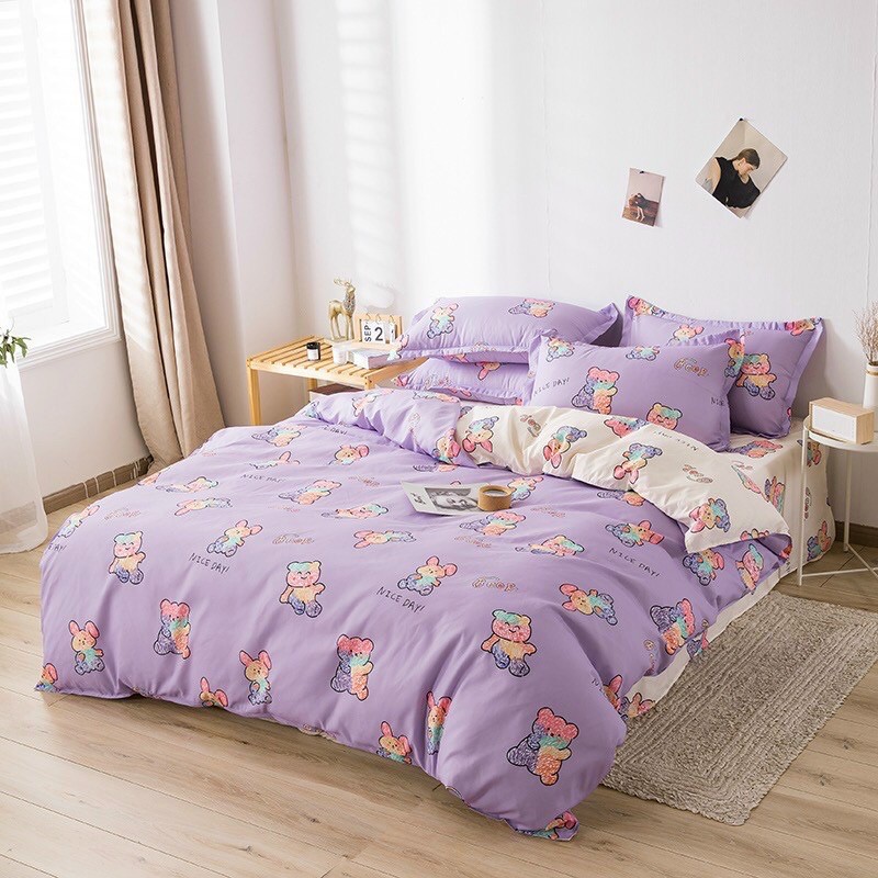 Bộ Chăn Ga Gối Poly Cotton Gấu Tím