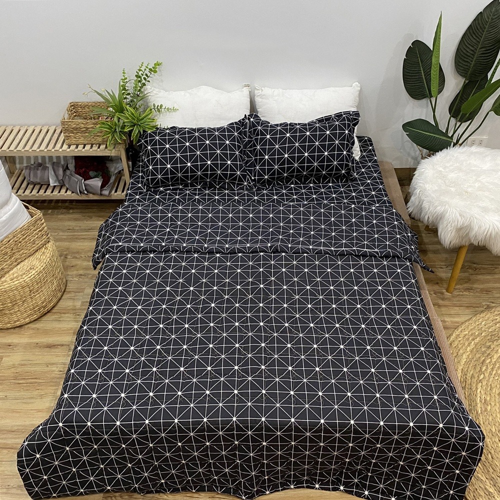Trọn Bộ 5 Món Mền Chần Gòn - Ga - Gối - Gối ôm Kẻ Hình Học 1m8x2m và 1m6x2m