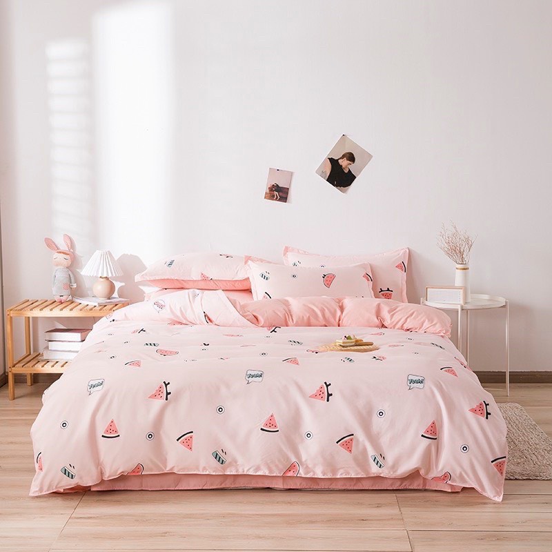 Chăn ga gối cotton poly - Mẫu dưa hấu hồng.