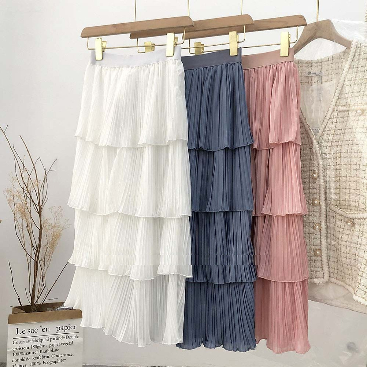 Chân váy VOAN lụa xếp ly 4 tầng - Hàn Quốc