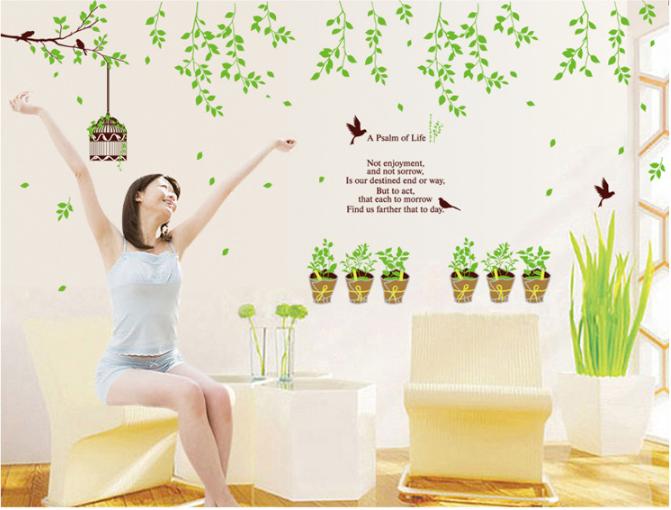 [HCM]Decal trang trí tường - Cây lá rơi và lồng chim