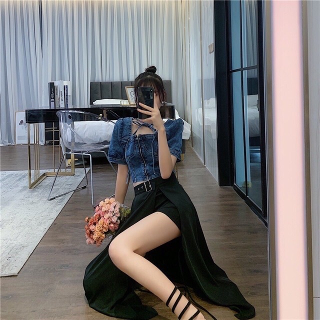 CHÂN VÁY ĐEN DÀI XẺ TÀ KÈM ĐAI HOT TREND