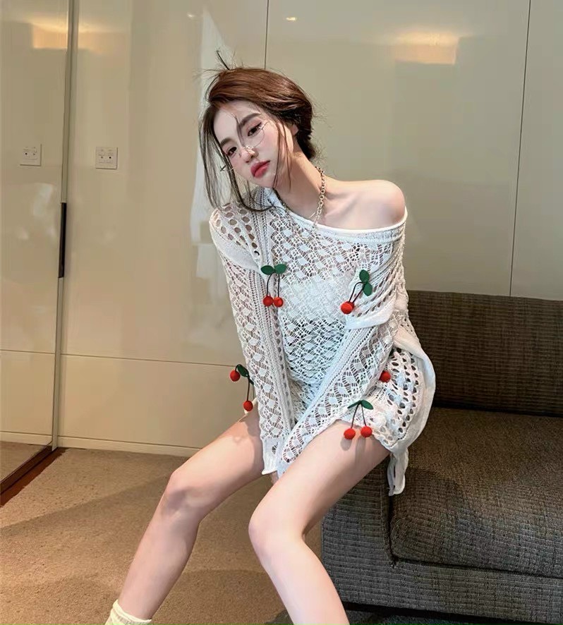 Áo len lưới cherry oversize form rộng siêu hot