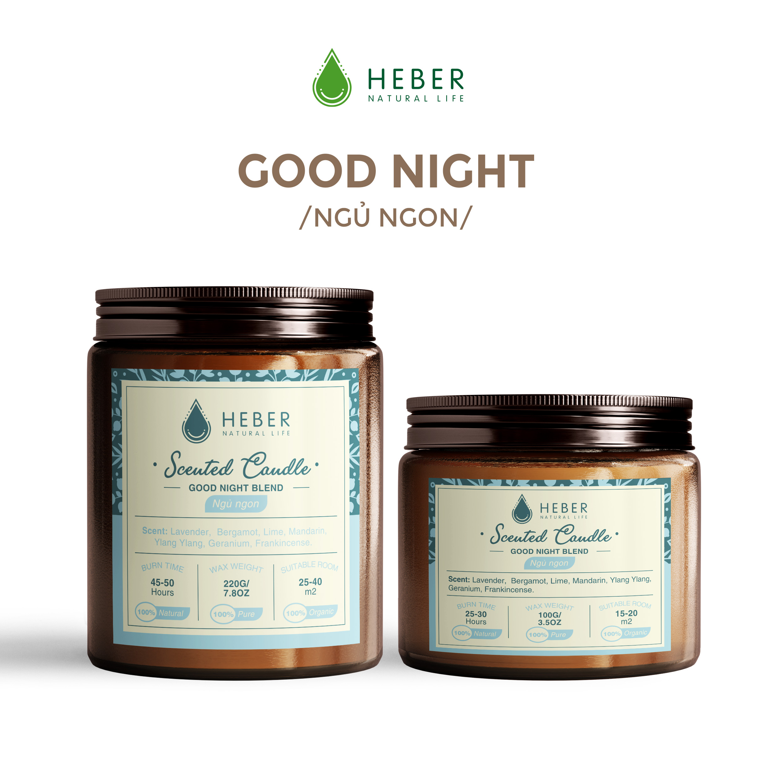 Nến Thơm Cao Cấp Heber Natural Life Scented Candles Từ Tinh Dầu Thiên Nhiên & Sáp Dừa Thơm Phòng Thư Giãn 100g & 220g