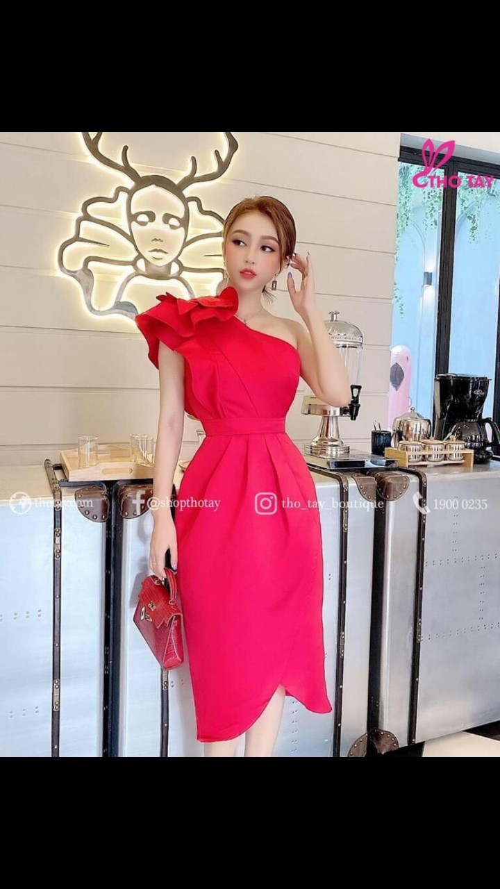 [HCM]Đầm đính nơ vai lệch vai #damlechvai