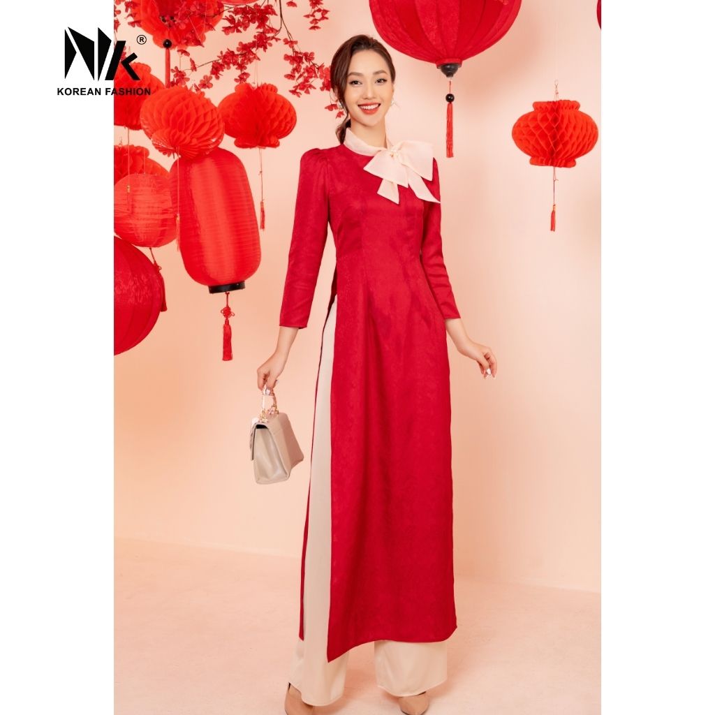 Áo Dài Gấm Cách Tân Trắng NK Fashion NKBD2112004 Thiết Kế Hiện Đại Nơ Cổ Sang Trọng, Màu Sắc Trang Nhã