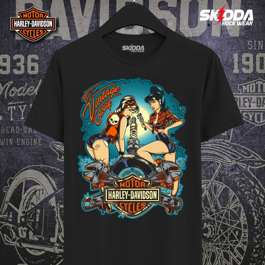 Áo thun đen in hình xe mô tô Harley DAVIDSON phong cách Vintage cho nam