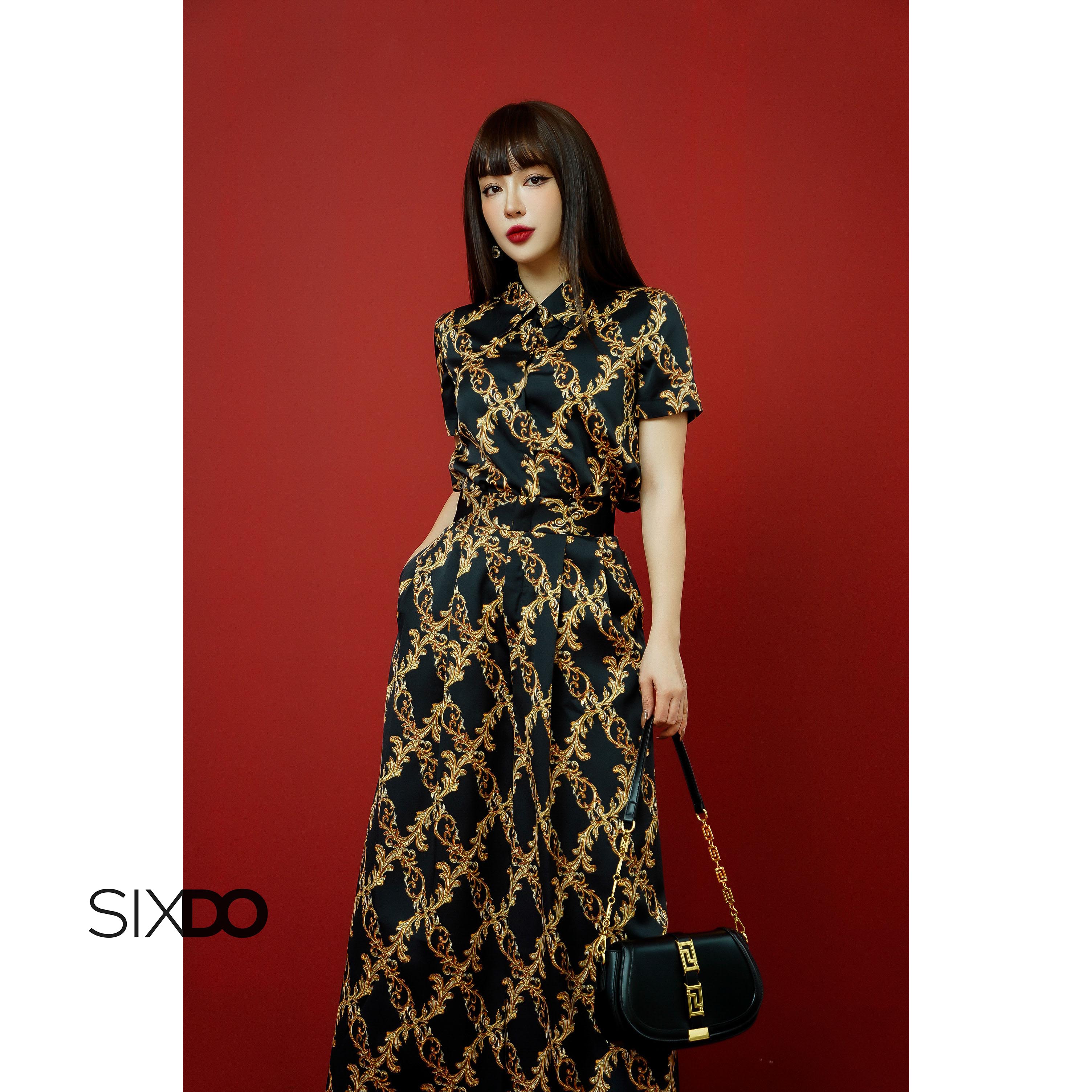 Quần lụa nữ ống rộng họa tiết baroque SIXDO (Black Baroque Print Wide Leg Silk Pants)