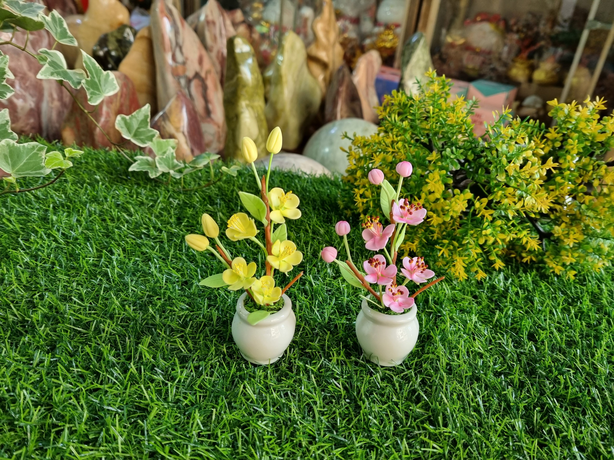 Chậu hoa mai  - hoa đào bằng đất sét Nhật cao cấp