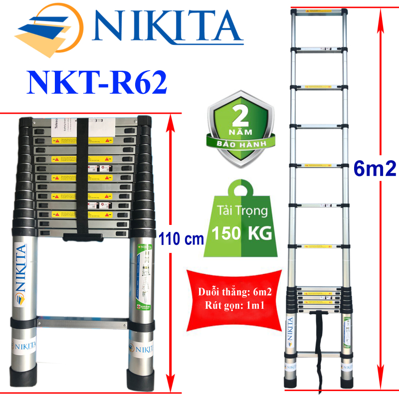 Bảng giá Thang nhôm rút đơn 6m2 Nikita NKT-R62, Chất liệu: Hợp kim nhôm 6063, Tải trọng 150kg, tiêu chuẩn EN131, Đế cao su chống trượt tuyệt đối, Công nghệ Nhật Bản, Bảo hành 24 tháng